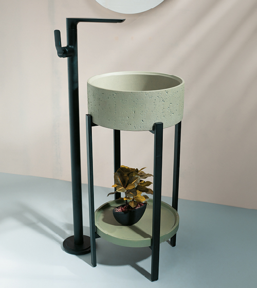 Concrete Round Wash Basin + MS black Stand + Concrete Plate – Aquant India